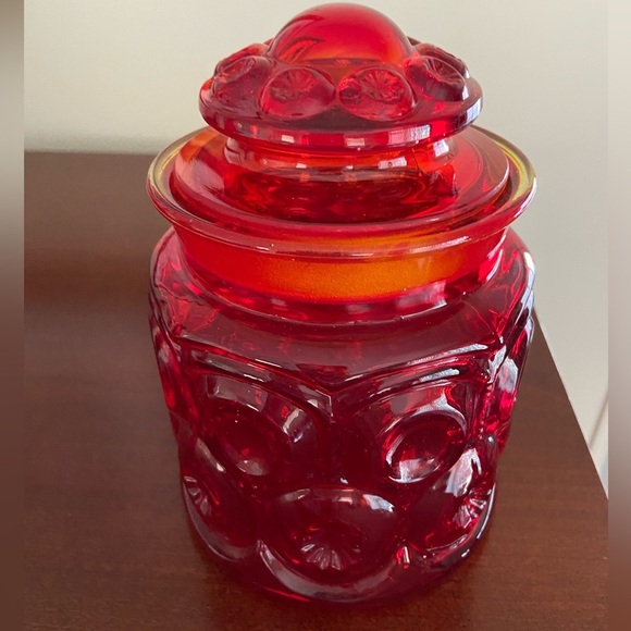 L E Smith Moon & Stars Amberina Glass Canister Red & Orange which GLOWS - Picture 3 of 16